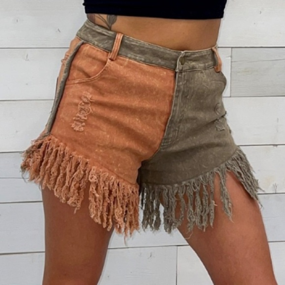 Boho Western Two-Toned Fringe Denim Shorts - Rust & Olive Green Distressed